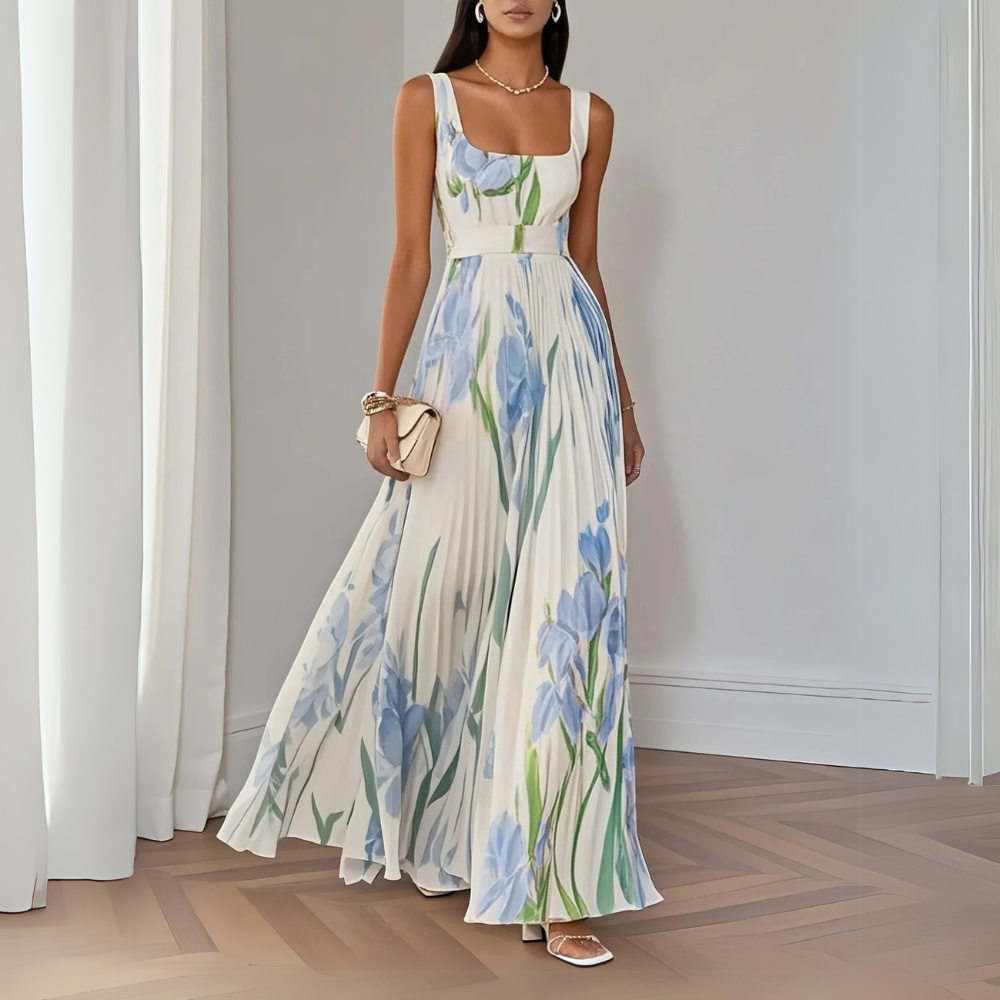 Ivy | Women's Floral Maxi Dress Cream Pleated Sleeveless