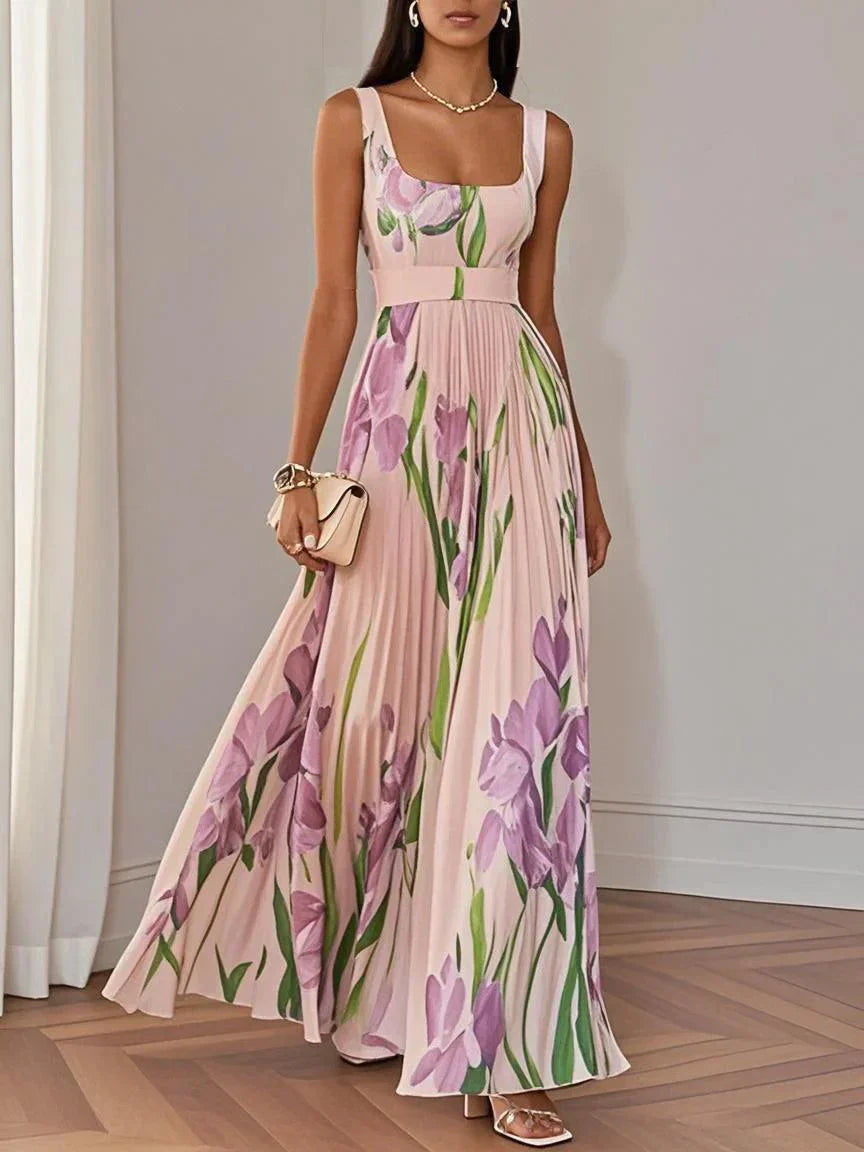 Ivy | Women's Floral Maxi Dress Cream Pleated Sleeveless