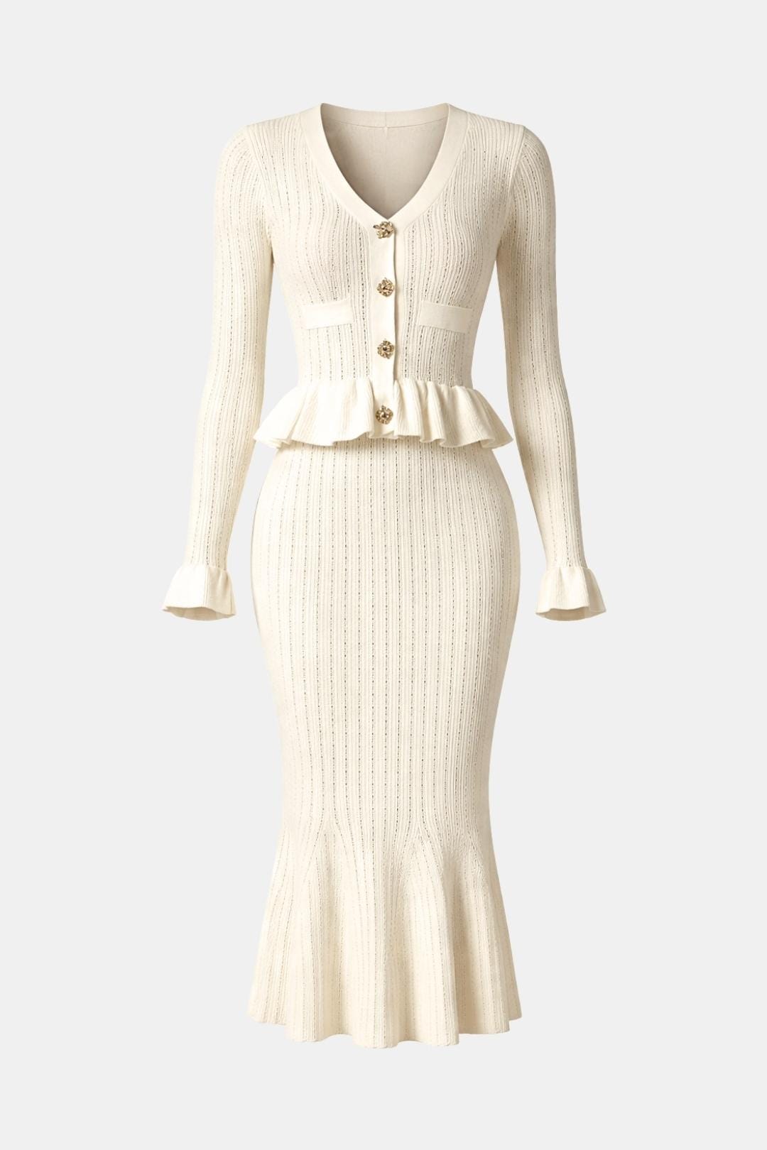 Rue | Women's Ribbed Knit Set Cream Peplum Waist