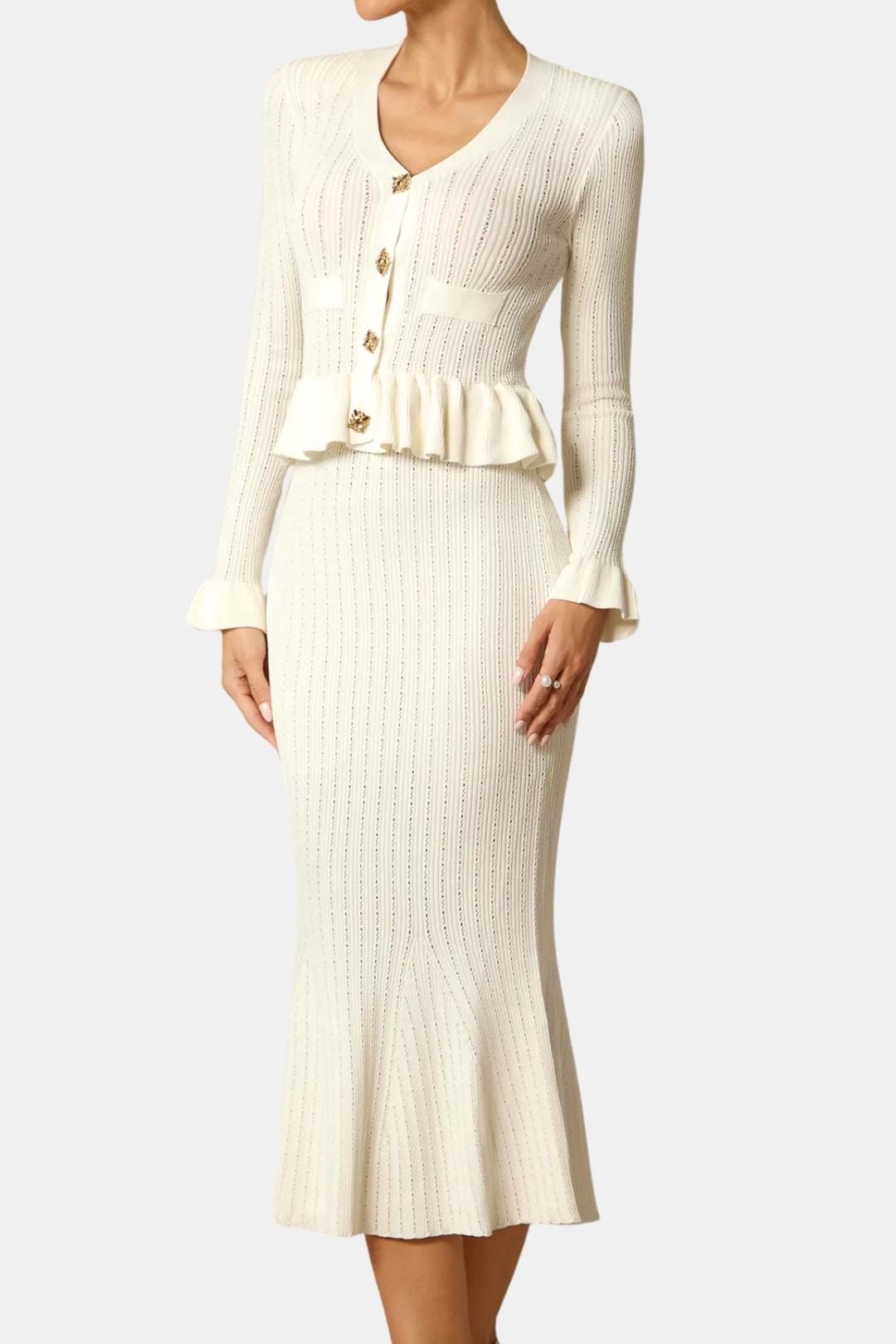 Rue | Women's Ribbed Knit Set Cream Peplum Waist