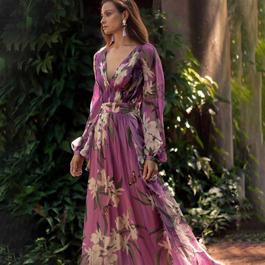 Elise | Women's Floral Maxi Dress Long Sleeve Purple