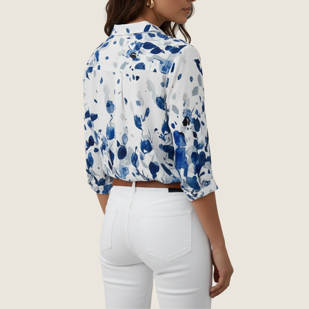 Nina | Women's Floral Button Down Shirt White Blue