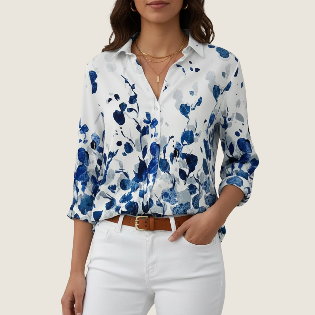 Nina | Women's Floral Button Down Shirt White Blue