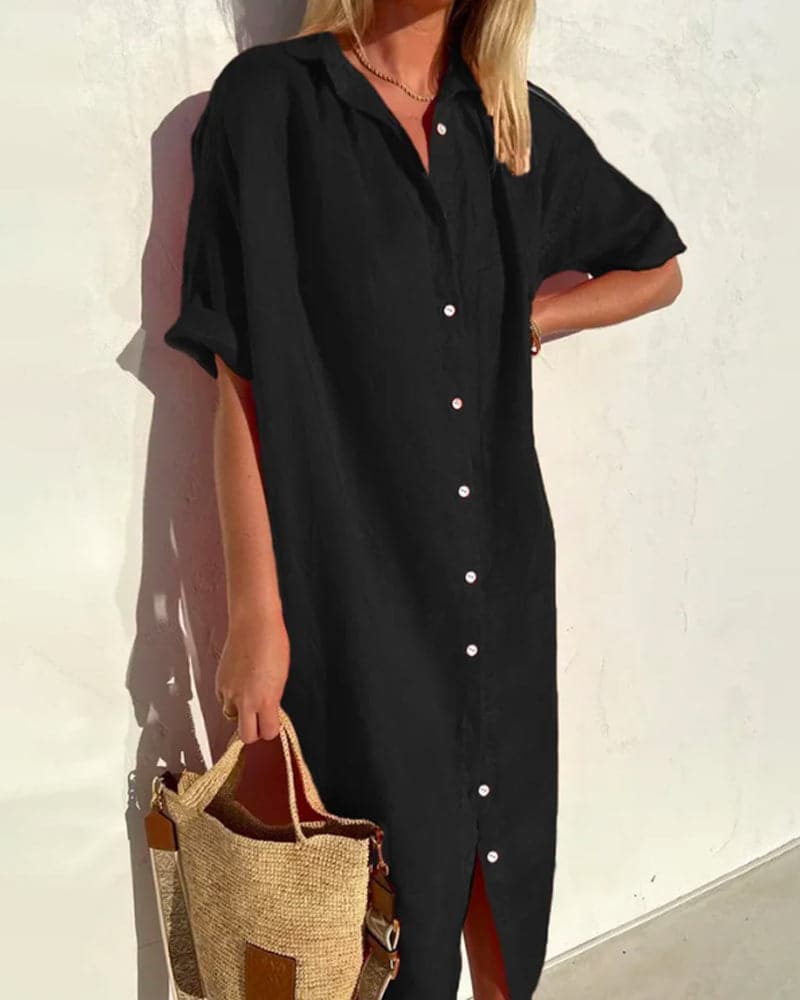 Isla | Women's Linen Button Down Shirt Dress Red Short Sleeve
