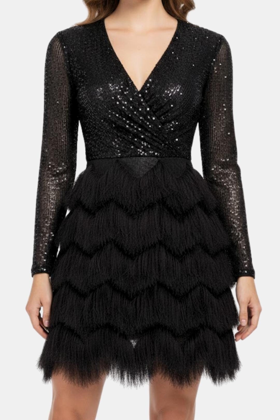 Faye | Women's Sequin Fringe Dress Black Long Sleeve
