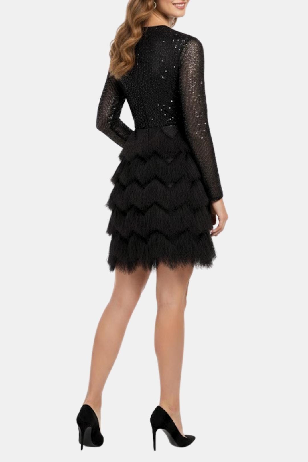 Faye | Women's Sequin Fringe Dress Black Long Sleeve