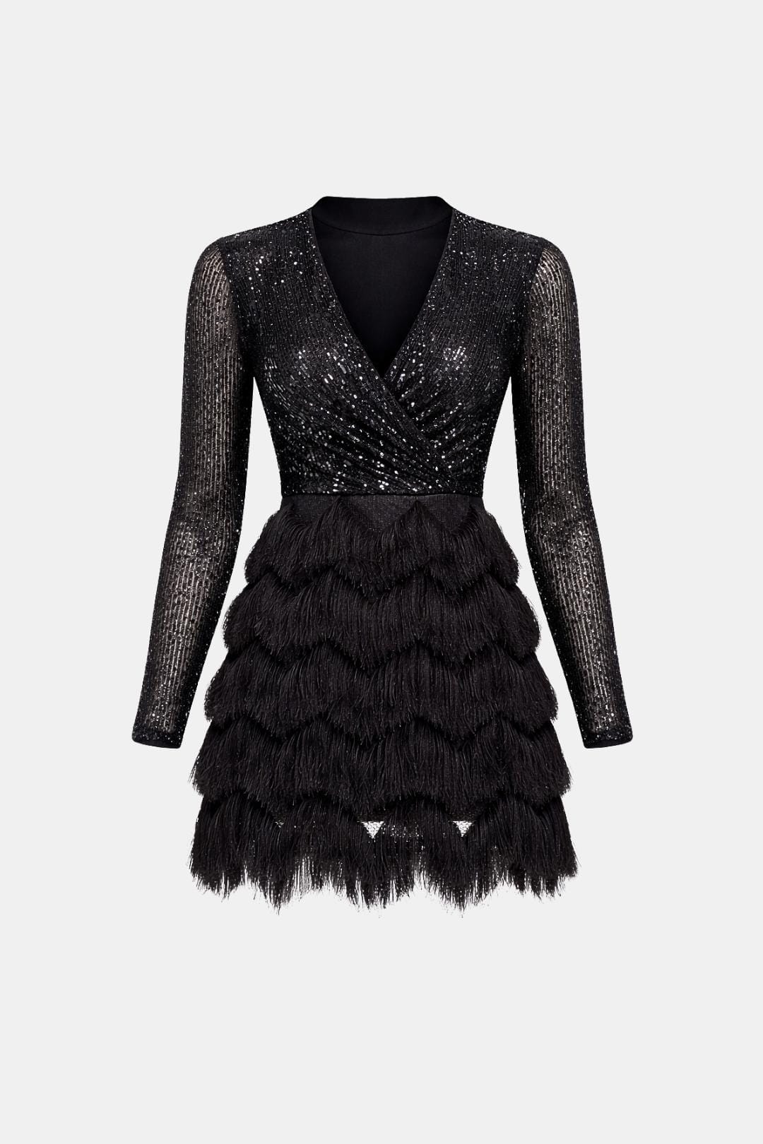 Faye | Women's Sequin Fringe Dress Black Long Sleeve