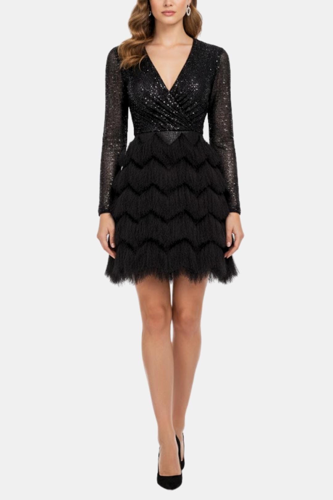 Faye | Women's Sequin Fringe Dress Black Long Sleeve