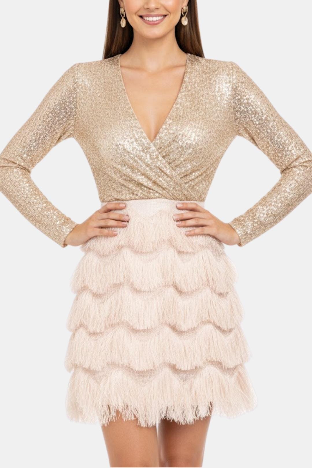 Faye | Women's Sequin Fringe Dress Black Long Sleeve
