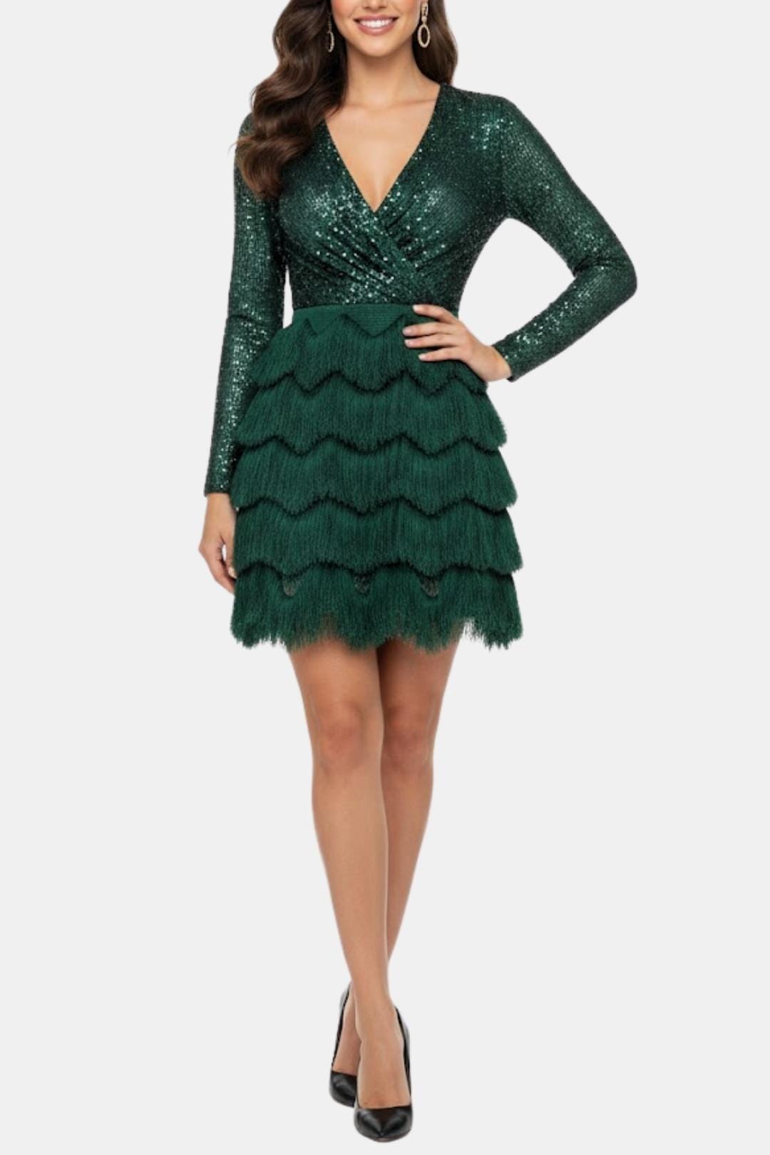 Faye | Women's Sequin Fringe Dress Black Long Sleeve
