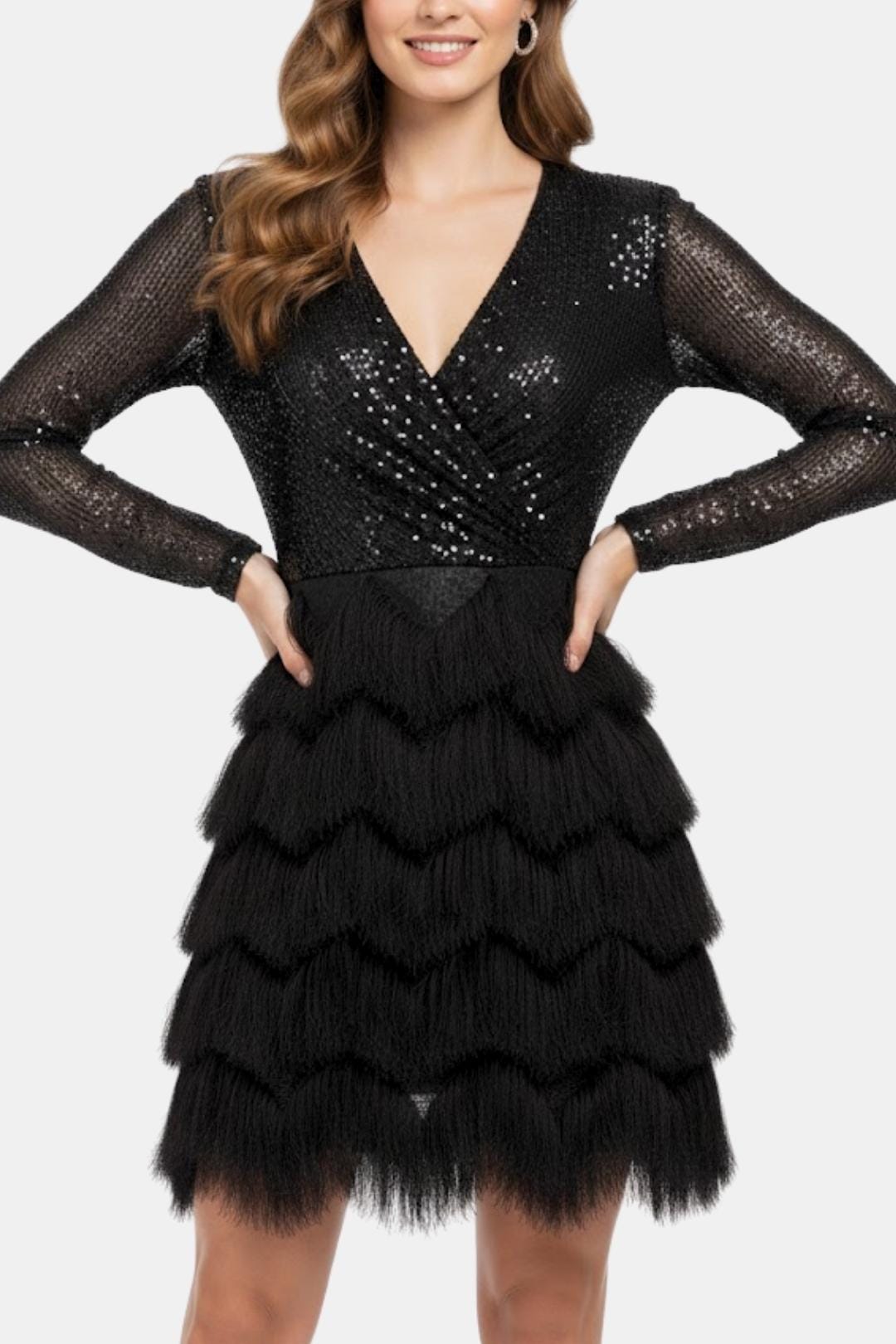 Faye | Women's Sequin Fringe Dress Black Long Sleeve