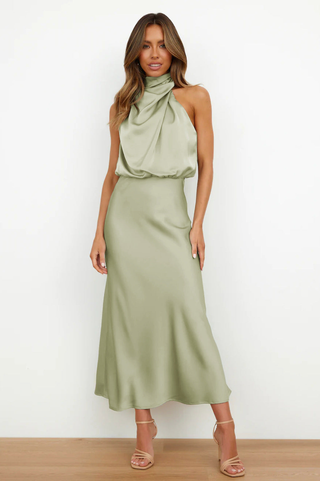 Faye | Women's Satin Halter Maxi Dress Cream