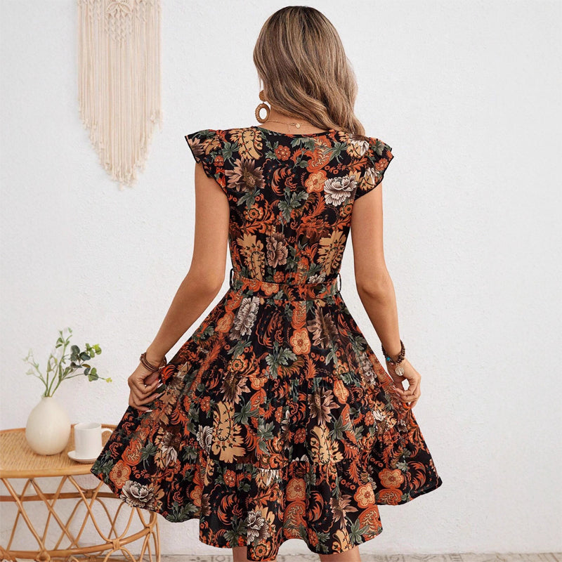 Stella | Women's Floral Wrap Midi Dress Ruffled Sleeves