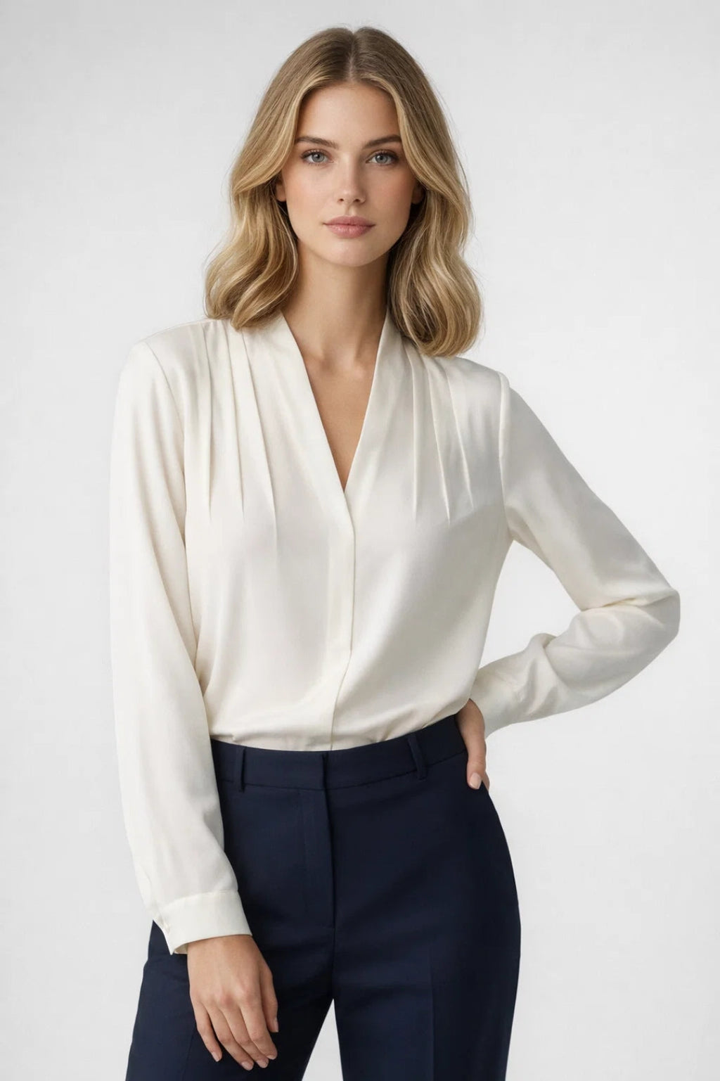 Dama Washington Elise women's long sleeve wrap blouse cream v neck - front view