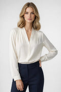 Dama Washington Elise women's long sleeve wrap blouse cream v neck - front view