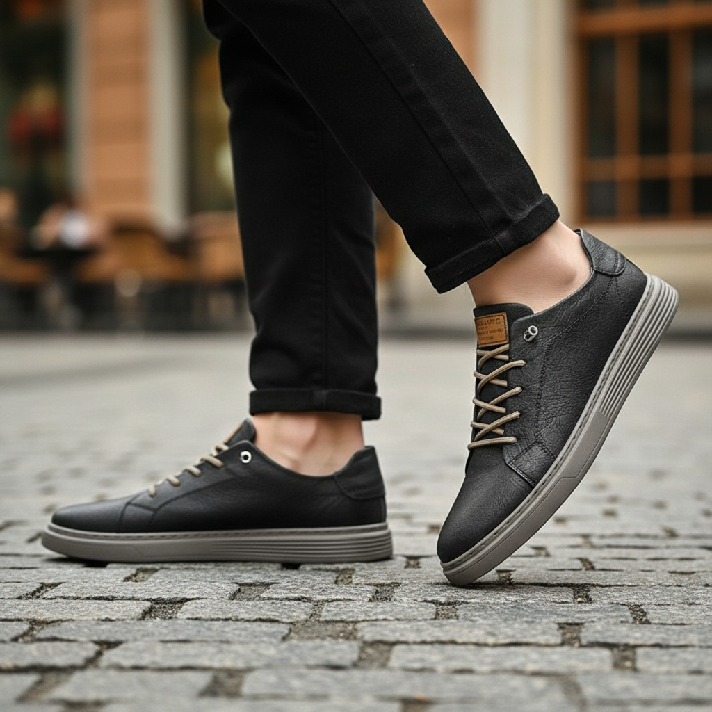Rowan | Men's Black Leather Lace Up Sneaker Cream Sole