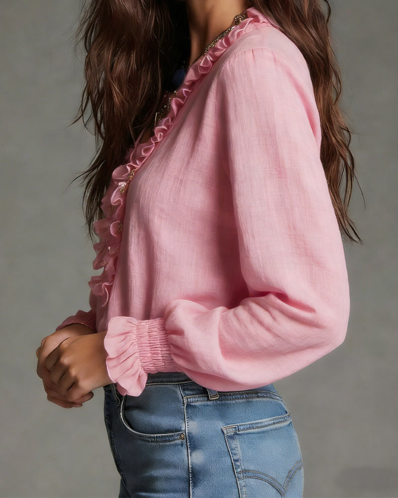 Luisa | Women's Ruffle Front Blouse Pink Long Sleeve V Neck