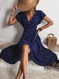Dama Washington Sable women's polka dot midi dress navy short sleeve - front view
