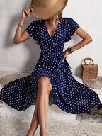Dama Washington Sable women's polka dot midi dress navy short sleeve - front view