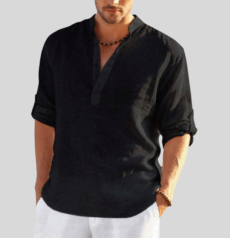 Bram | Men's Linen Shirt White Long Sleeve Henley