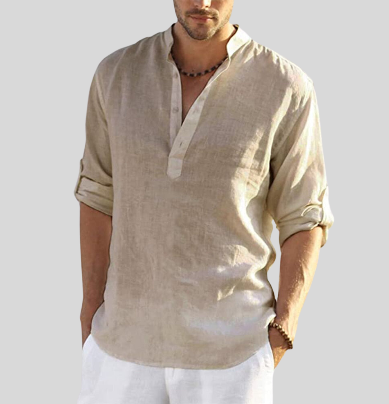 Bram | Men's Linen Shirt White Long Sleeve Henley