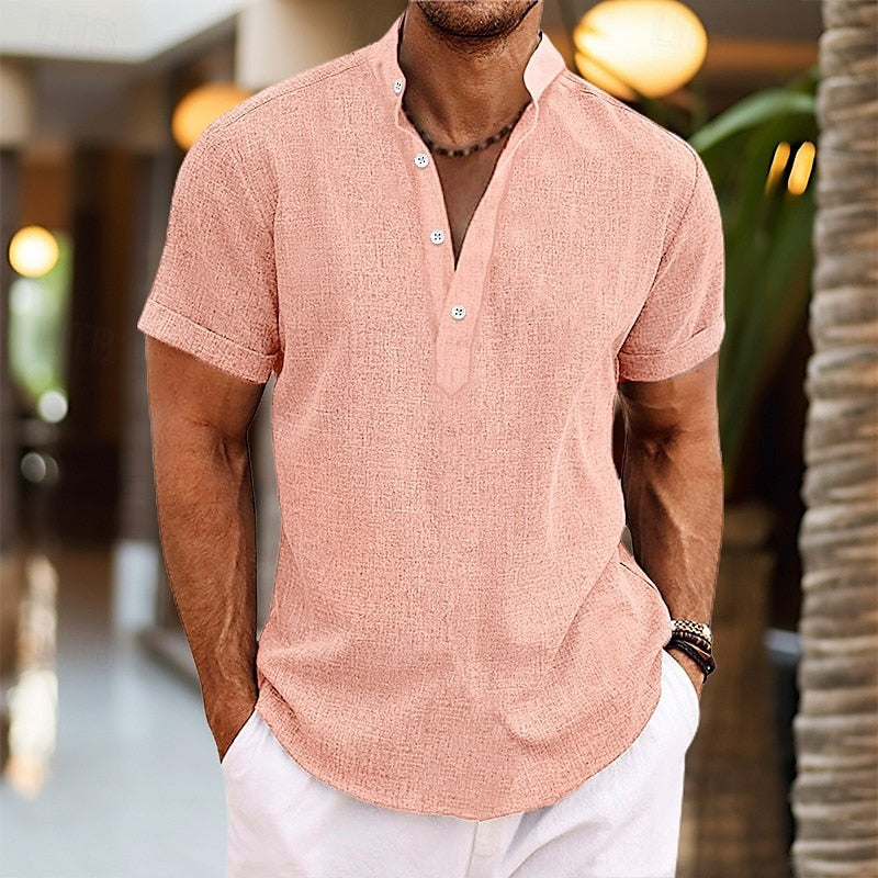 Axel | Men's Linen Henley Shirt Pink Short Sleeve