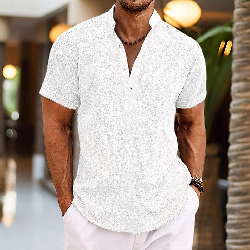 Axel | Men's Linen Henley Shirt Pink Short Sleeve