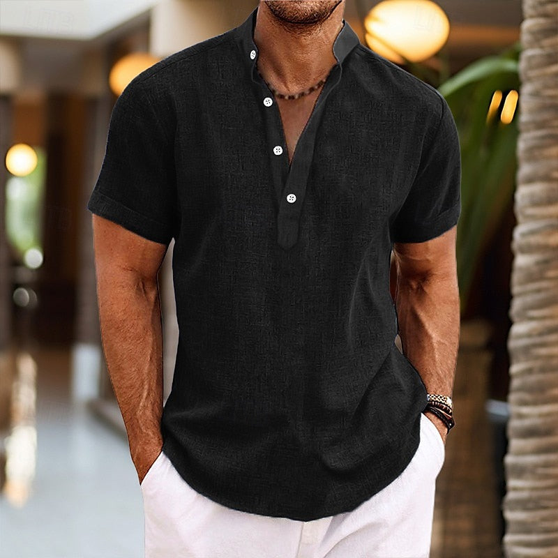 Axel | Men's Linen Henley Shirt Pink Short Sleeve