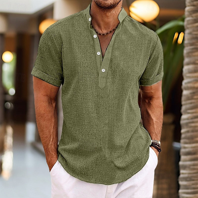Axel | Men's Linen Henley Shirt Pink Short Sleeve