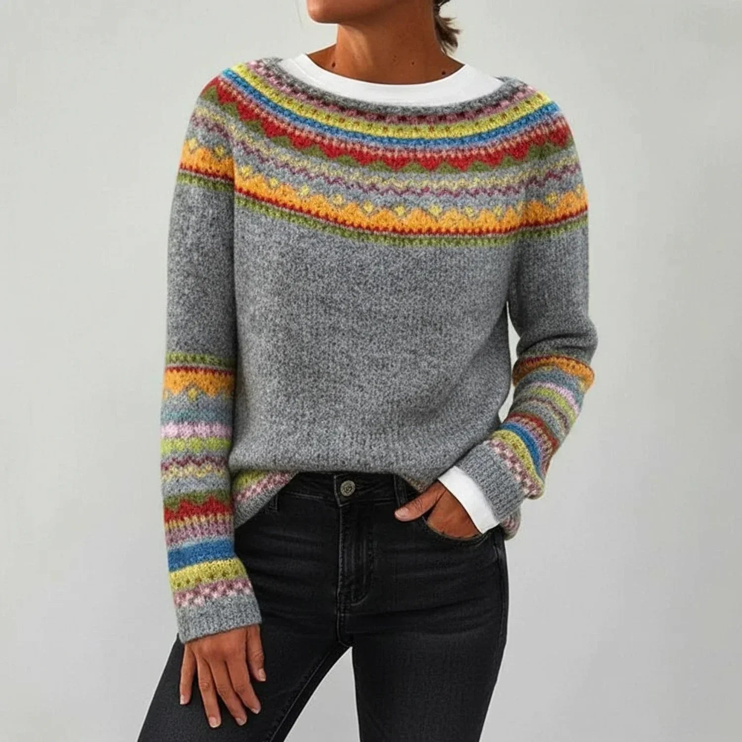 Luisa | Women's Colorblock Cable Knit Sweater Gray Crew Neck