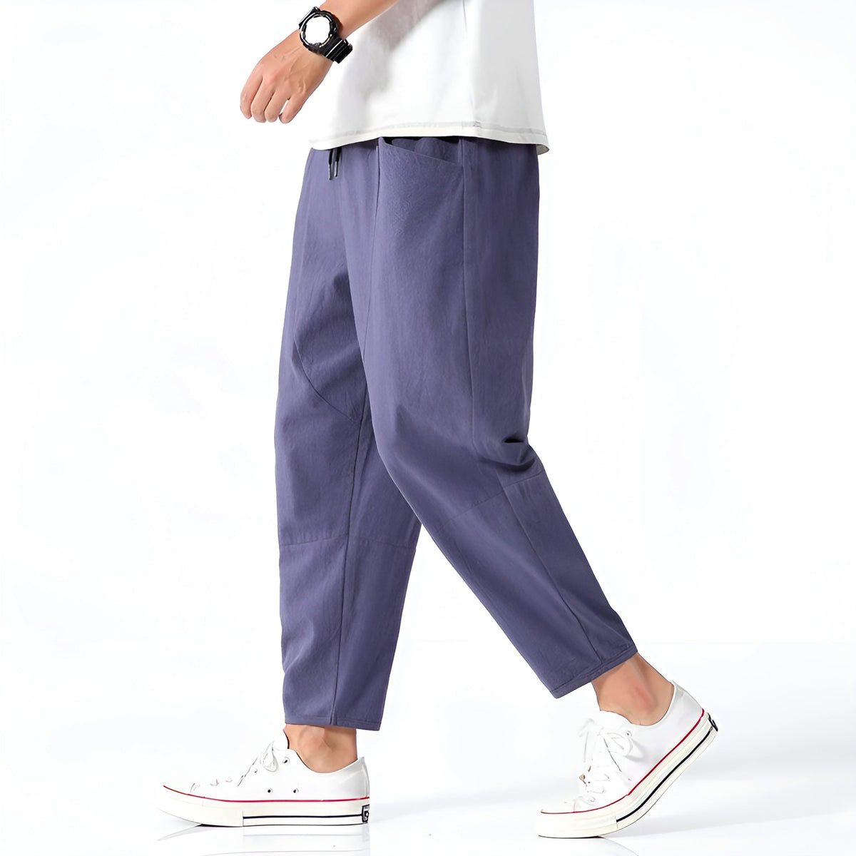 Dama Washington Ash men's relaxed fit chino pants navy cropped drawstring - front view