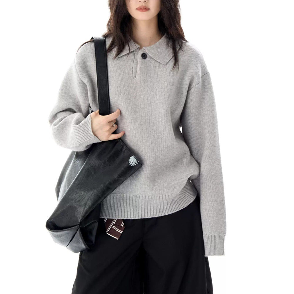 Faye | Women's Oversized Polo Sweater Gray Knit