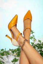 Dama Washington Sable women's pointed toe ankle strap heels yellow - front view