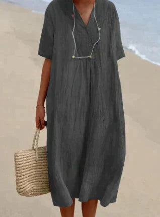 Esme | Women's Linen Midi Dress Light Blue V Neck
