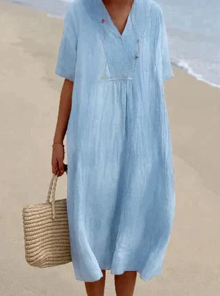 Esme | Women's Linen Midi Dress Light Blue V Neck