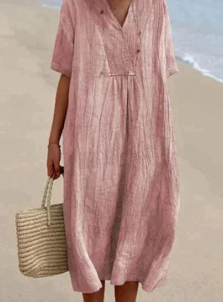 Esme | Women's Linen Midi Dress Light Blue V Neck