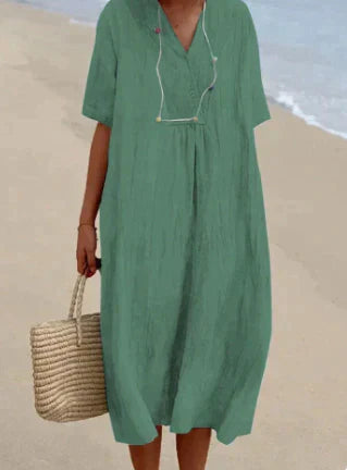 Esme | Women's Linen Midi Dress Light Blue V Neck
