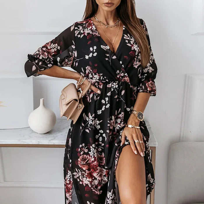 Greta | Women's Floral Midi Dress V Neck Teal Long Sleeve