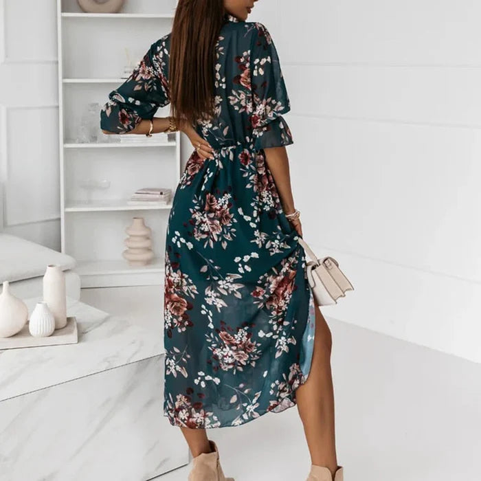Greta | Women's Floral Midi Dress V Neck Teal Long Sleeve