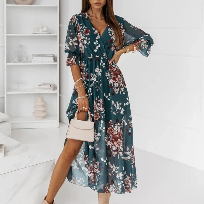 Greta | Women's Floral Midi Dress V Neck Teal Long Sleeve
