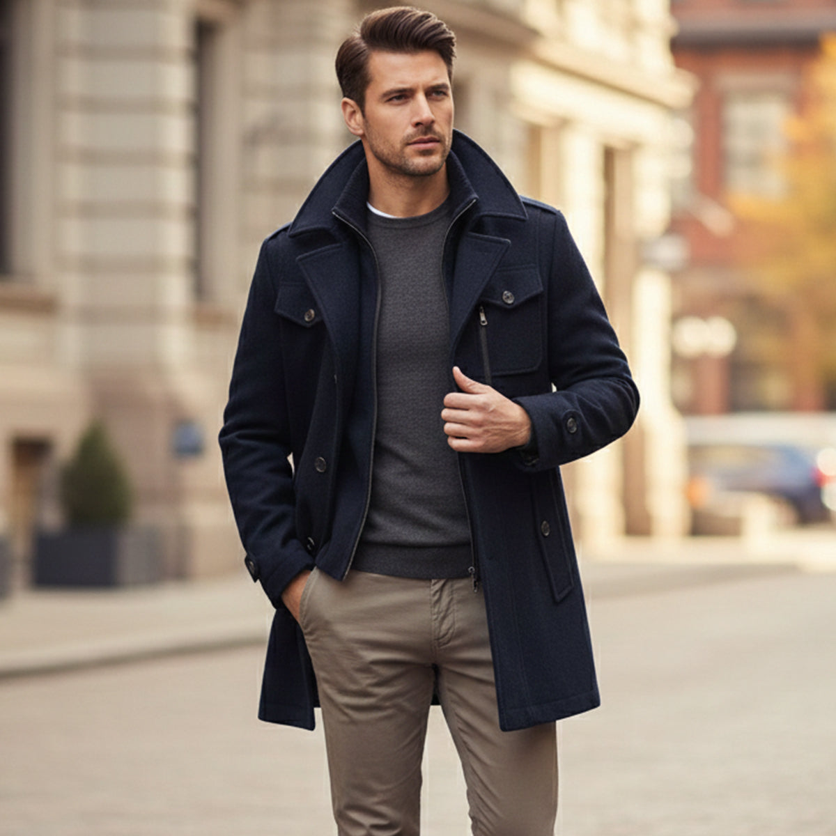 Voss | Men's Wool Blend Overcoat Black With Removable Collar