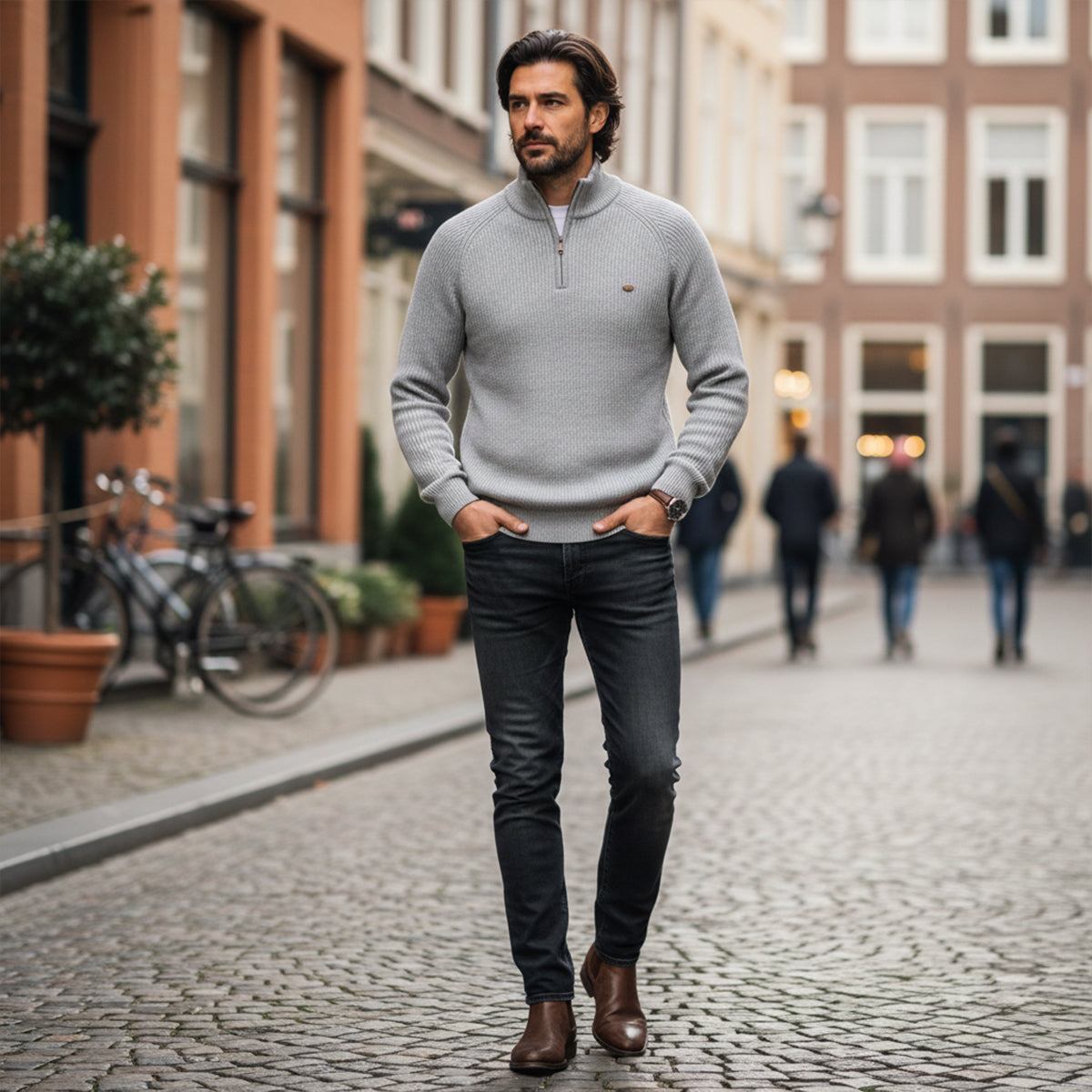 Callum | Men's Quarter Zip Sweater Gray Ribbed Knit
