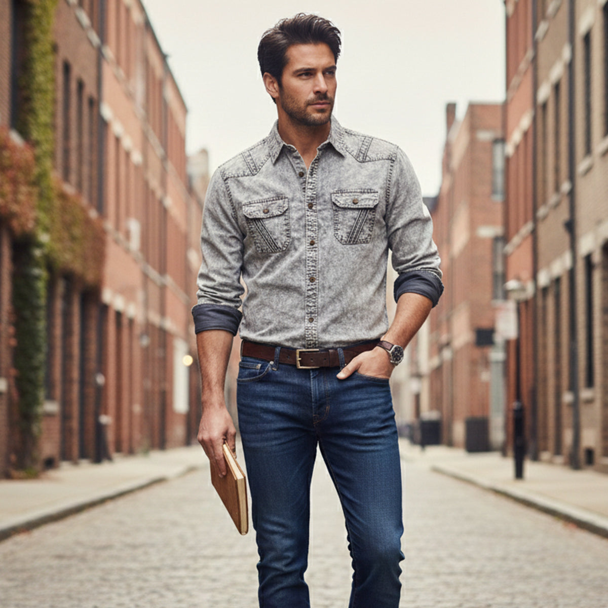 Ezra | Men's Denim Shirt Light Gray Vintage Wash