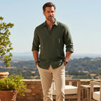 Dama Washington Ezra men's casual linen button up shirt olive green - view 7