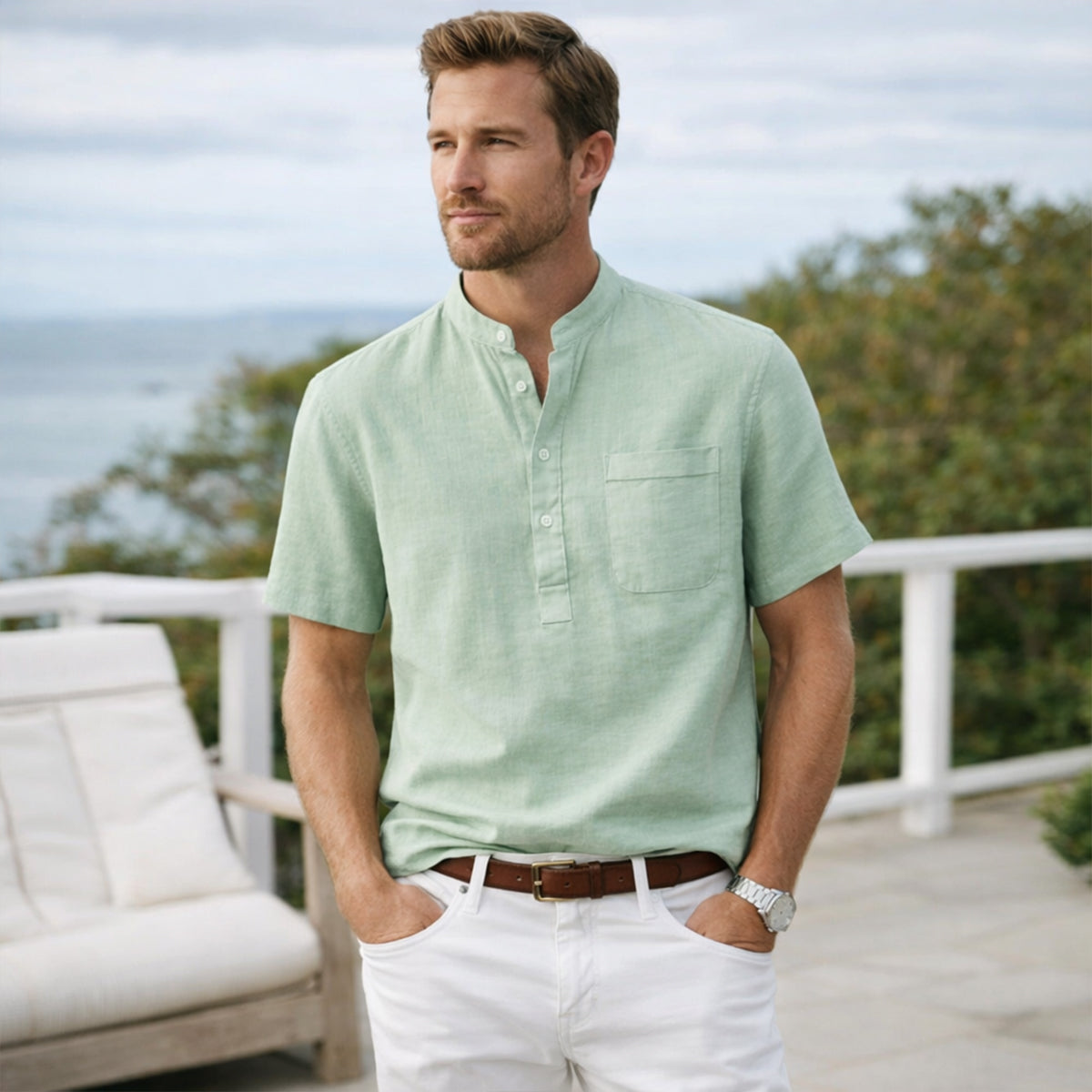Ivo | Men's Linen Henley Shirt Light Green Short Sleeve