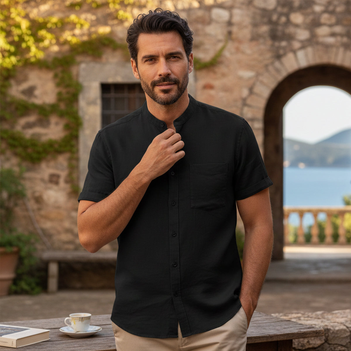 Axel | Men's Button Up Shirt Black Short Sleeve