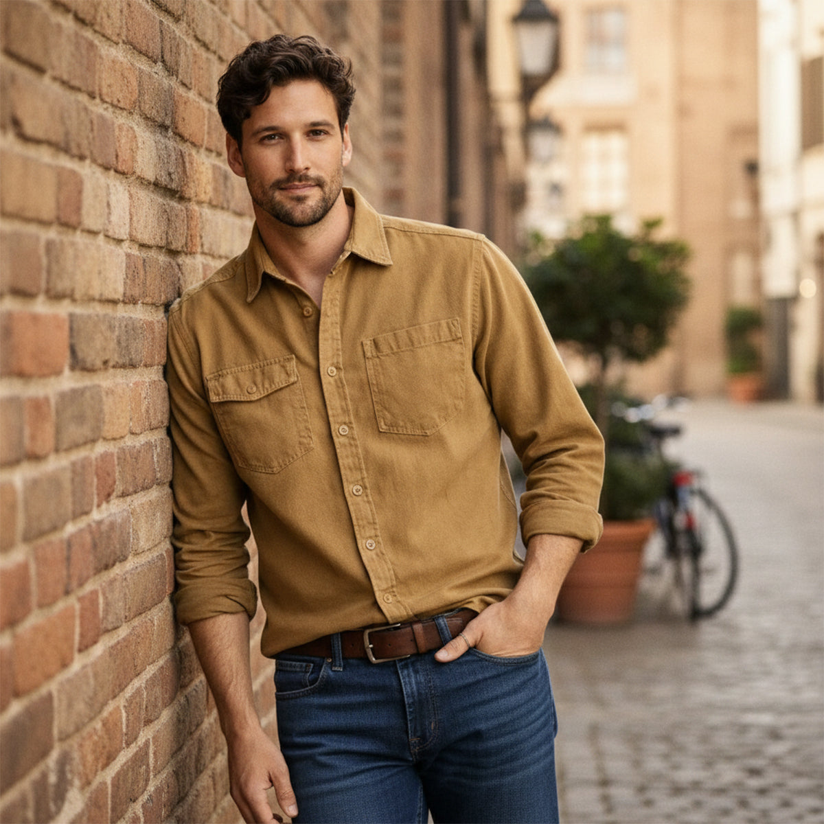 Axel | Men's Denim Shirt Khaki Button Up Long Sleeve