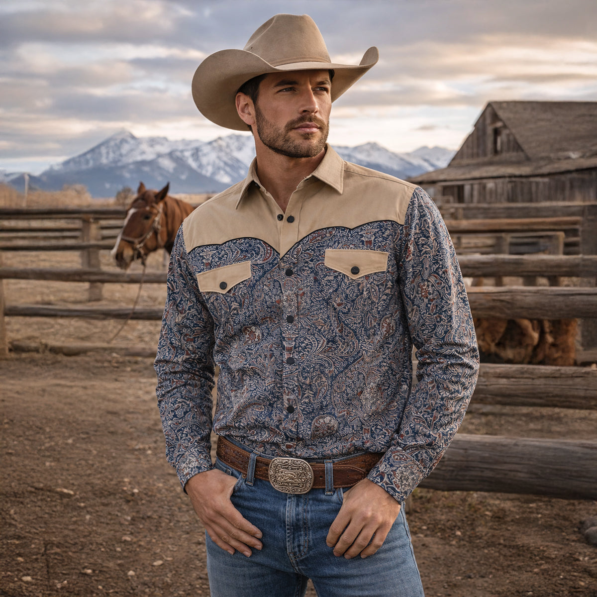 Flint | Men's Patchwork Denim Shirt Navy Cream Long Sleeve