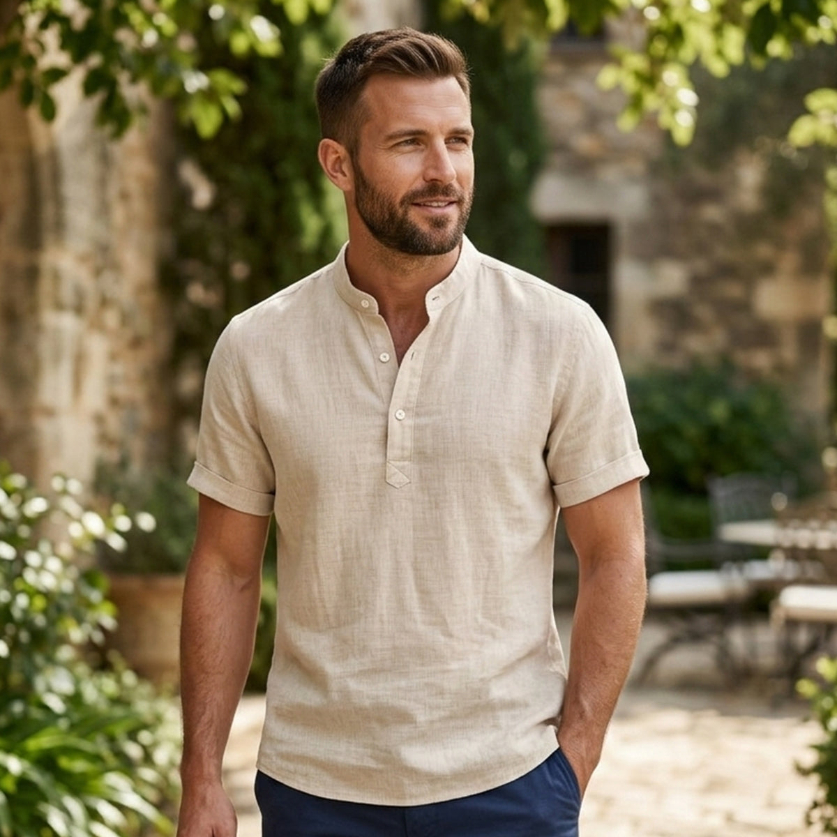 Beau | Men's Linen Shirt Cream Short Sleeve Button Up