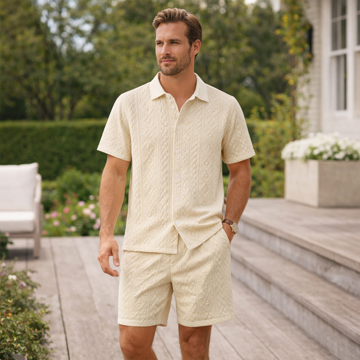 Beau | Men's Sweatsuit Cream Textured Short Sleeve